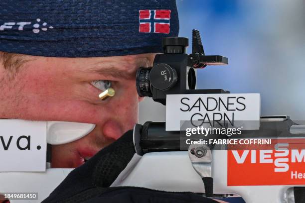 Norway's Tarjei Boe competes in the men 10km sprint event of the IBU Biathlon World Cup in Lenzerheide, eastern Switzerland, on December 15, 2023.