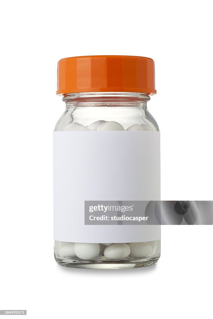 Unlabeled medicine bottle full of white pills