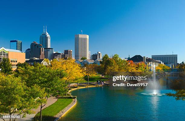 view of indianapolis skyline and canal walk - v indiana stock pictures, royalty-free photos & images