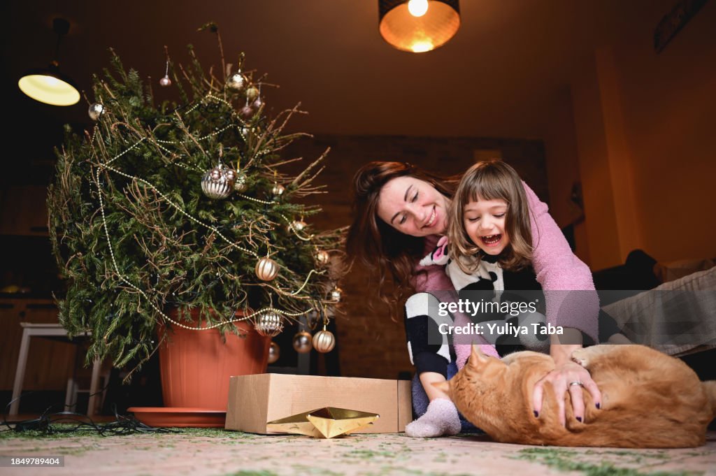 Young family at home having fun with domestic cat while removing Christmas tree.