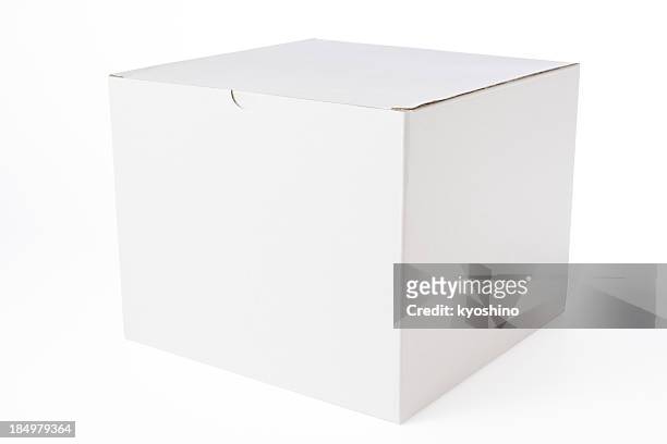 isolated shot of closed blank cube box on white background - white box packaging stock pictures, royalty-free photos & images