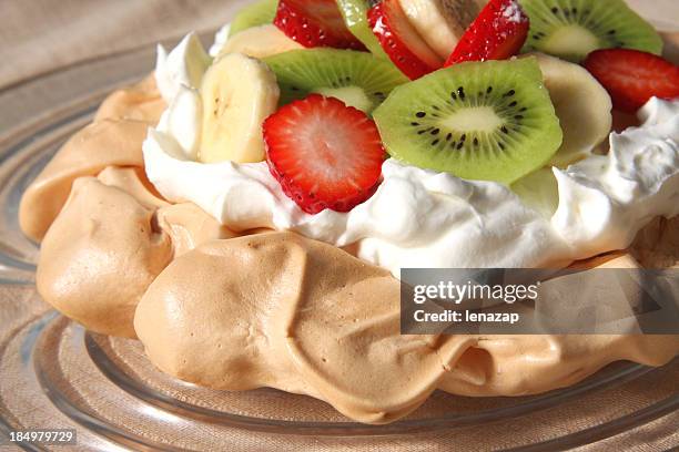 pavlova with fruits - strawberries and cream stock pictures, royalty-free photos & images