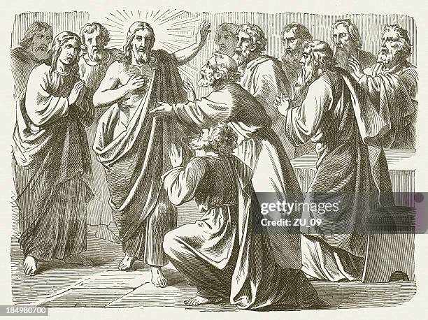 stockillustraties, clipart, cartoons en iconen met jesus and doubting thomas (john 20), wood engraving, published 1877 - death and resurrection of jesus