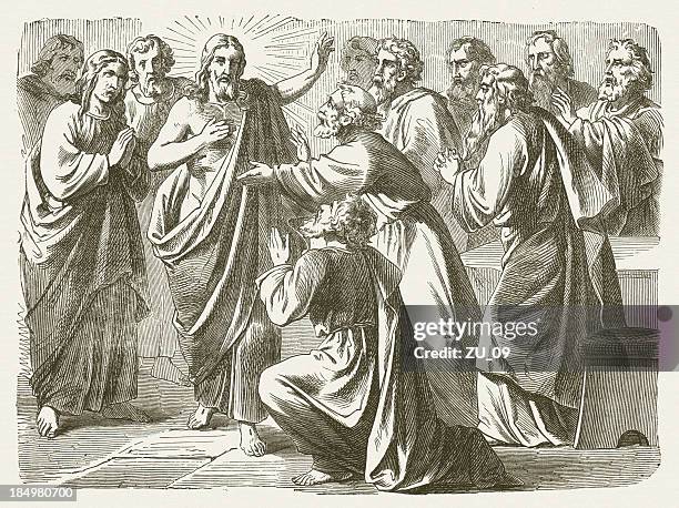 jesus and doubting thomas (john 20), wood engraving, published 1877 - 使徒 幅插畫檔、美工圖案、卡通及圖標