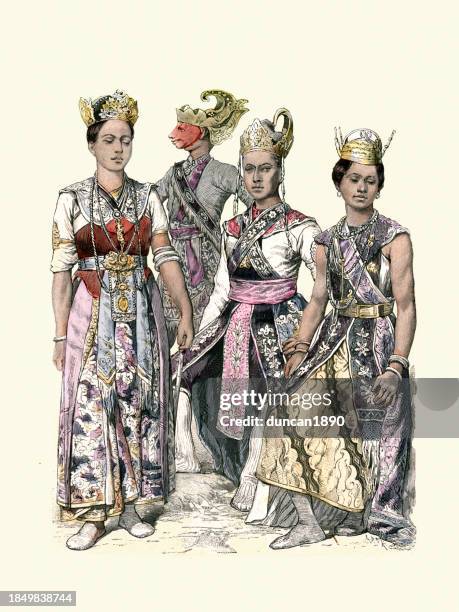 traditionelle asiatische kostüme, schauspieler aus java. indonesien, 19. jahrhundert, modegeschichte - java stock-grafiken, -clipart, -cartoons und -symbole