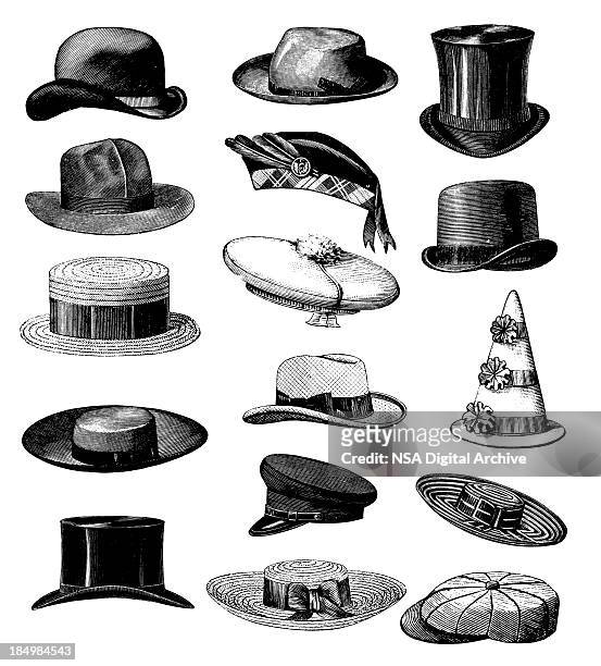 ilustraciones, imágenes clip art, dibujos animados e iconos de stock de colección de la moda vintage antiguo clásico macho sombreros de todos los tipos - grabado técnica de ilustración ilustraciones