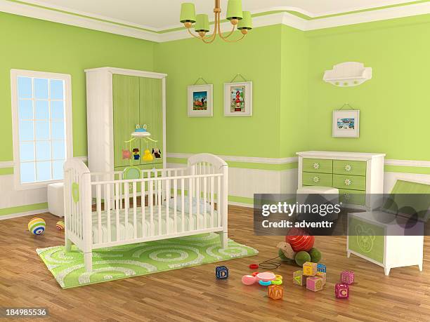 nursery room (green) - baby crib stock pictures, royalty-free photos & images