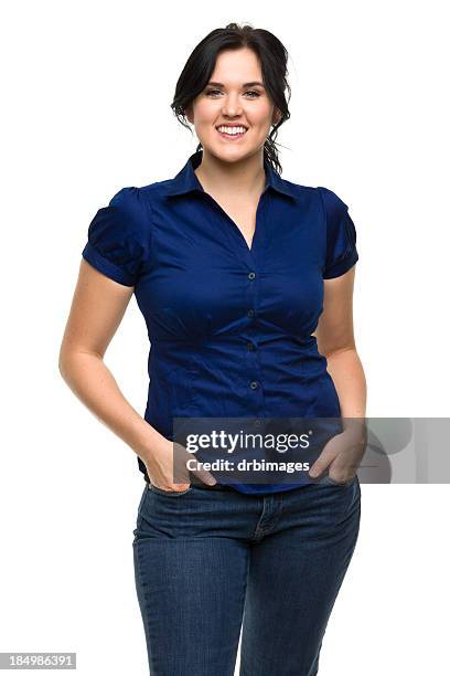 happy young woman with hands in pockets - blue blouse stock pictures, royalty-free photos & images