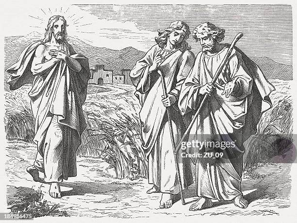 jesus appeared to two disciples to emmaus, published in 1877 - following christ stock illustrations