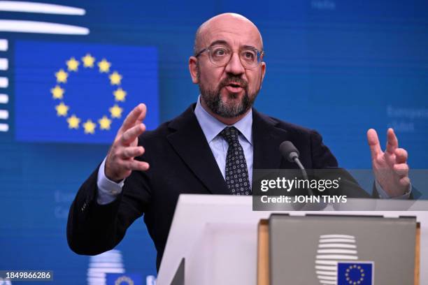 European Council President Charles Michel gives a press conference as part of the European Union summit at the European headquarters in Brussels, on...