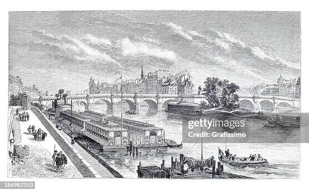 ilustrações de stock, clip art, desenhos animados e ícones de gravação cidade de paris com seine e ponte neuf - rio sena