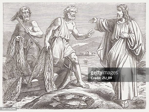 jesus calls peter and andrew (mark 1, 16-18) - peter the apostle stock illustrations