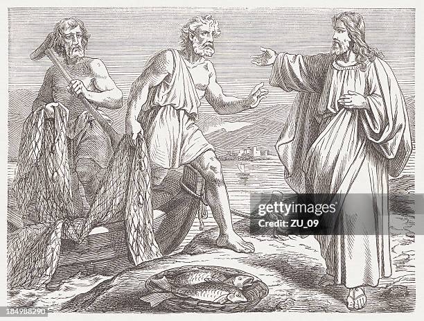 jesus calls peter and andrew (mark 1, 16-18) - apostle andrew stock illustrations