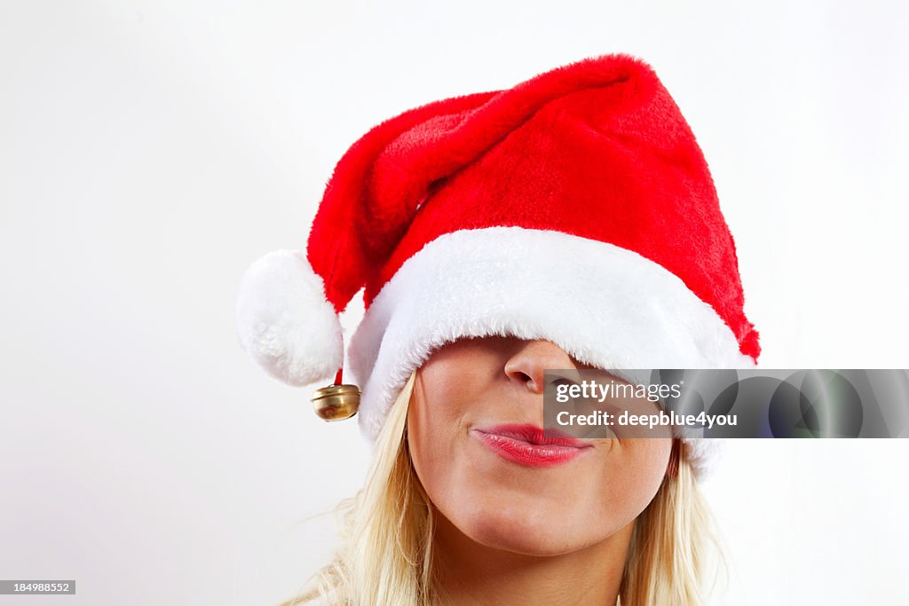 Beauty blond female with xmas hood on white