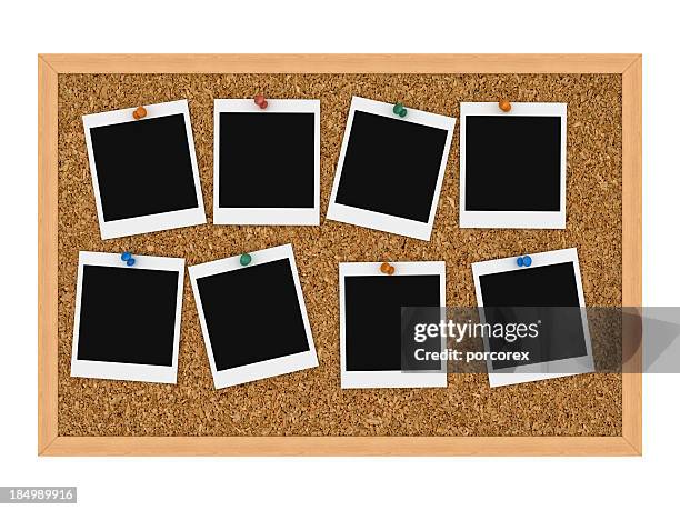 instant pictures tacked to cork board - notice board stock pictures, royalty-free photos & images