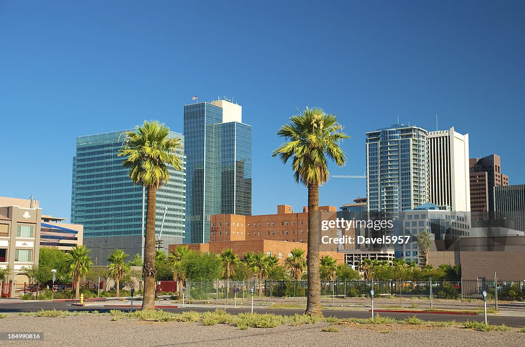 Phoenix Downtown buildings and palm trees
