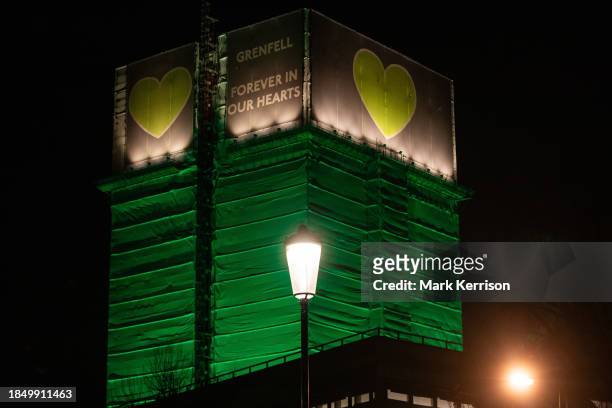 The Grenfell Tower is pictured shortly before the Grenfell Silent Walk by members of the Grenfell community and supporters on 14th December 2023 in...