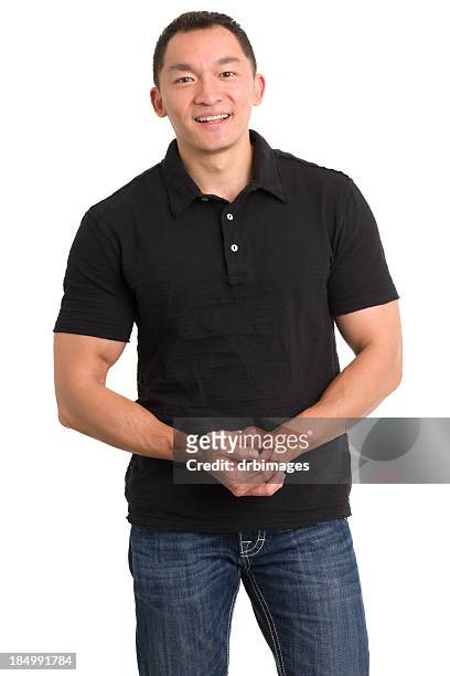 cheerful man with hands clasped - mid adult men stock pictures, royalty-free photos & images