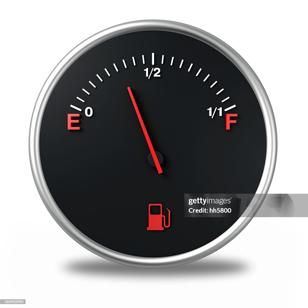 A cartoon of a gas gauge that is almost empty