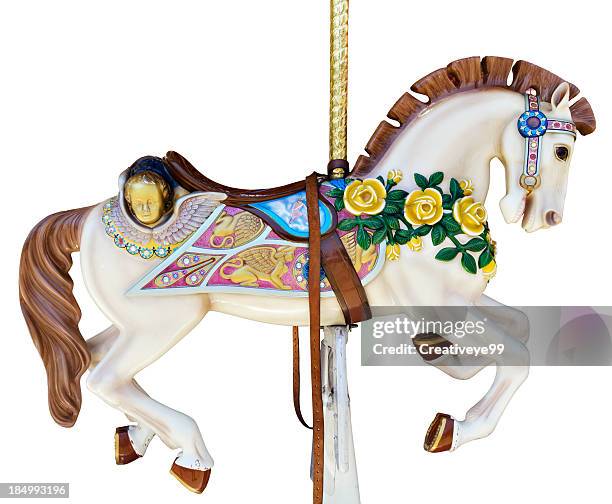 carousel horse with yellow roses - draaimolen stockfoto's en -beelden