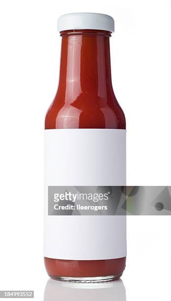 glass bottle of tomato ketchup with a blank label - sauce stock pictures, royalty-free photos & images