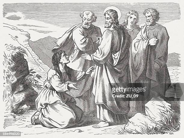 stockillustraties, clipart, cartoons en iconen met jesus and the canaanite woman (matthew 15), published in 1877 - gelovige