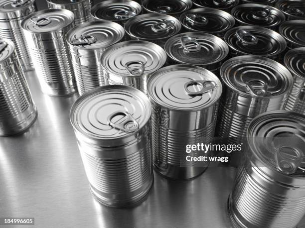 group of silver tin cans - cans stockfoto's en -beelden