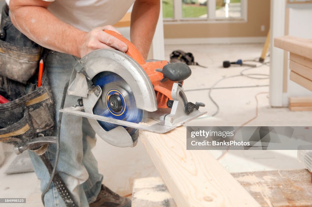 Circular Saw Cuts Stud for Home Remodeling Project