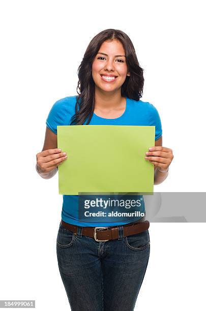 young woman holding a small blank sign - small placard stock pictures, royalty-free photos & images