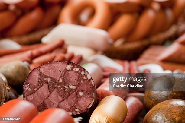 sausages in butcher's shop - leberwurst stock pictures, royalty-free photos & images