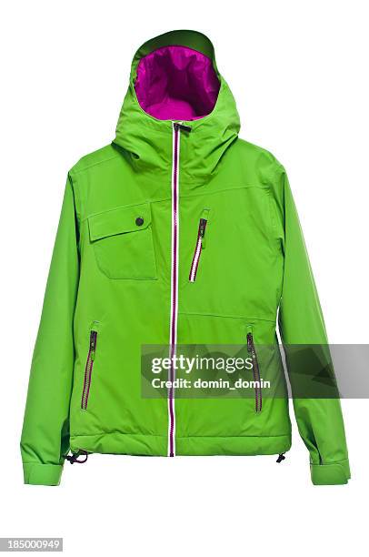 modern green ski jacket isolated on white background, studio shot - green coat stock pictures, royalty-free photos & images