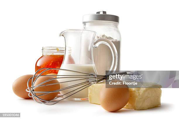 baking ingredients: eggs, butter, flour, milk and honey - ingredient stock pictures, royalty-free photos & images