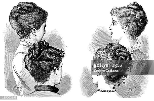 updo hairstyles - victorian engraving - updo stock illustrations