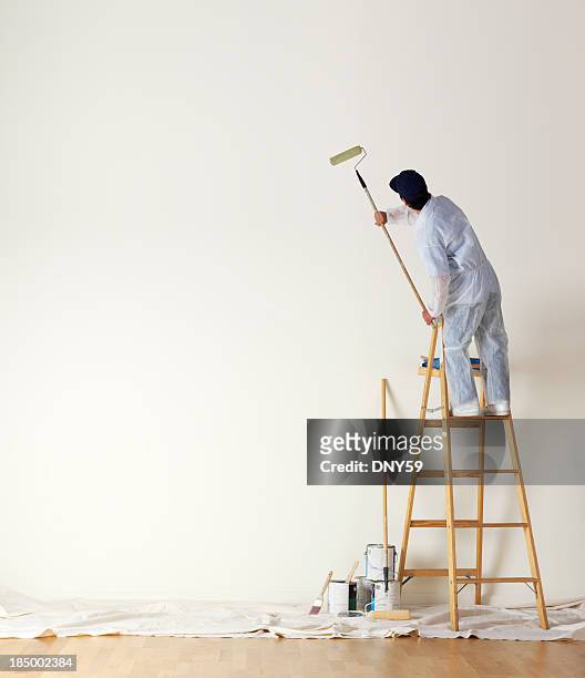 house painter standing on ladder painting a large wall - paint roller stock pictures, royalty-free photos & images