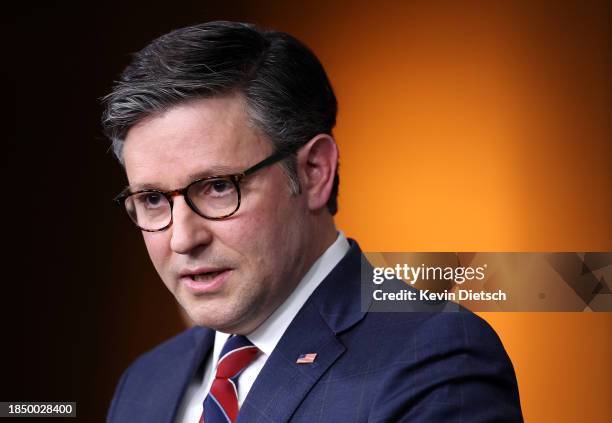 Speaker of the House Mike Johnson speaks at a press conference at the U.S. Capitol on December 12, 2023 in Washington, DC. Johnson spoke on the...