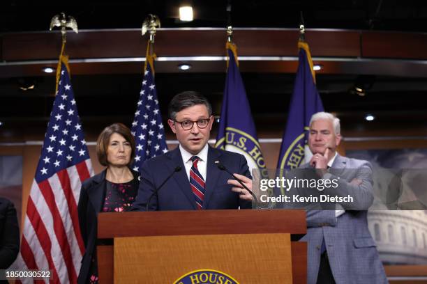 Speaker of the House Mike Johnson speaks at a press conference at the U.S. Capitol on December 12, 2023 in Washington, DC. Johnson spoke on the...