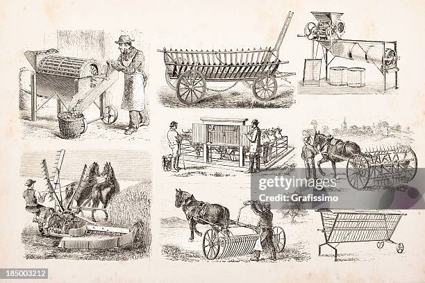 stockillustraties, clipart, cartoons en iconen met engraving of farmer plowing and mowing a field - omgeploegd veld