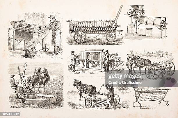 engraving of farmer plowing and mowing a field - harrow agricultural equipment stock illustrations