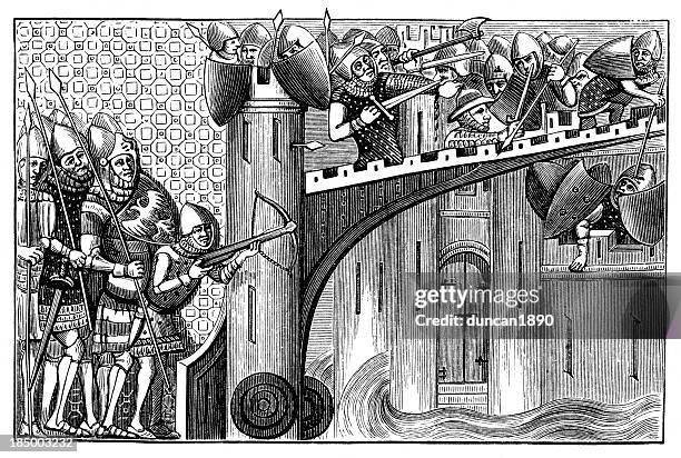 medieval siege tower - crossbow illustration stock illustrations