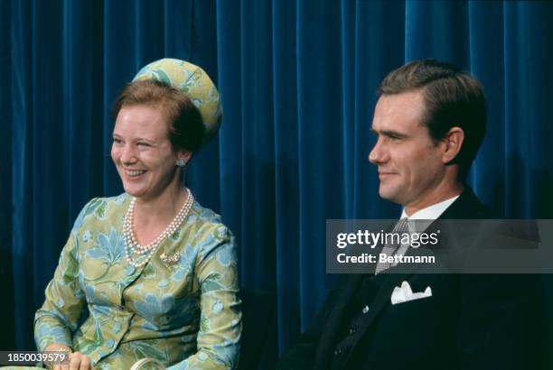 Princess Margrethe and Prince Henrik of Denmark attending a press conference at the National Press Center in Ottawa, Canada, September 21st 1967.