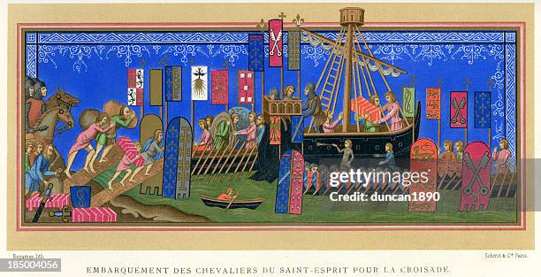 embarkation of the crusader knights - the crusades stock illustrations