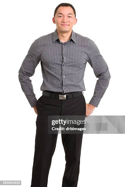 standing content asian man - gray shirt stock pictures, royalty-free photos & images