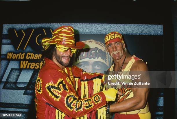American wrestlers 'Macho Man' Randy Savage and Hulk Hogan attending the NATPE Convention in Las Vegas, January 23rd 1996.