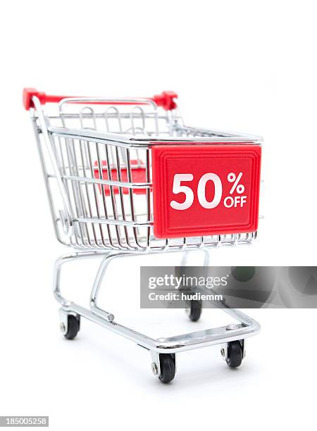 shopping sale - 50% discount with shopping cart isolated on white - shopping trolleys stockfoto's en -beelden
