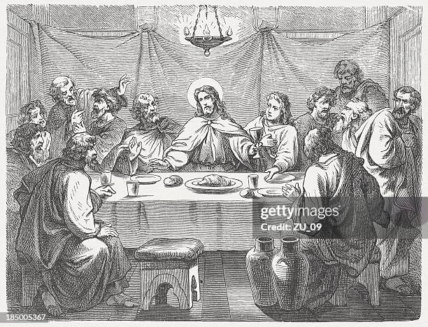 stockillustraties, clipart, cartoons en iconen met jesus and his disciples at the last supper, published 1877 - last supper