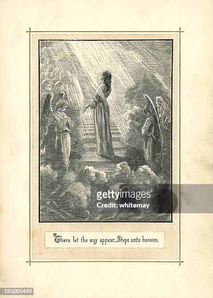stockillustraties, clipart, cartoons en iconen met group of angels in the clouds (1883) - stairway to heaven engelse uitdrukking