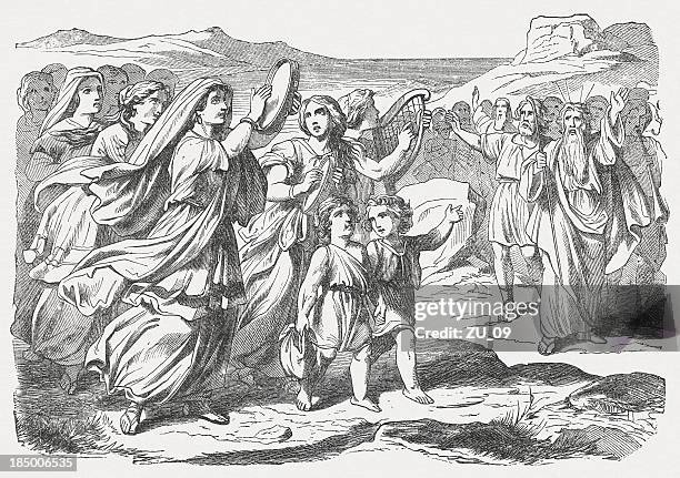 stockillustraties, clipart, cartoons en iconen met miriam's song of praise (exodus 15), wood engraving, published 1877 - loben