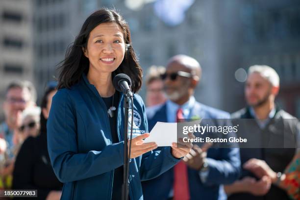 Boston, MA Mayor of Boston Michelle Wu holds a press conference announcing the lowering of Bluebike prices at Boston City Hall.