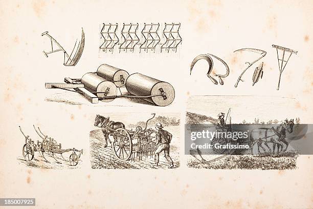 stockillustraties, clipart, cartoons en iconen met engraving of farmer plowing a field and agricultural tools - omgeploegd veld