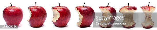 stages of eating red apple - coronaal doorsnede stockfoto's en -beelden